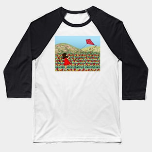 Young Girl Flying Kite Tulip Field Spring Season. Baseball T-Shirt